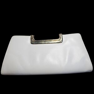 VINTAGE Tano of Madrid White Leather East West Clutch Sculptural Gold Bar Handle